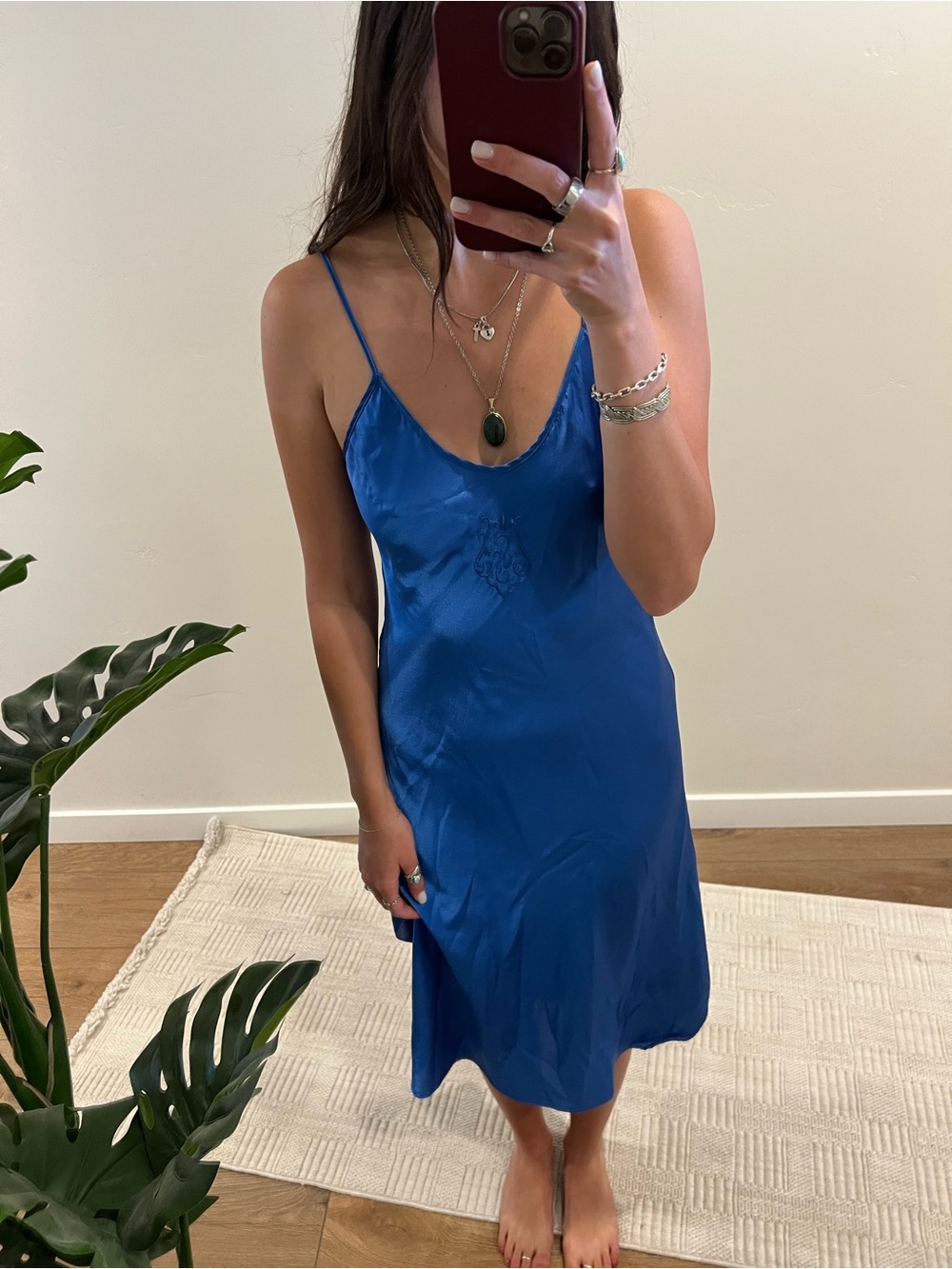 Vintage Cobalt Blue Satin Slip Chemise with V-Neck